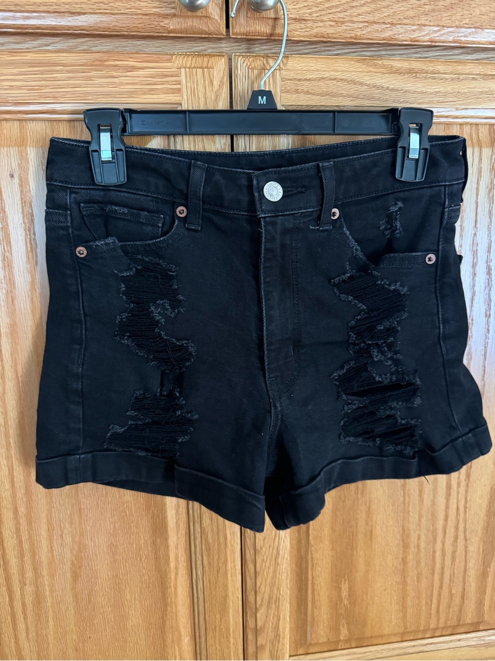 American Eagle Black Distressed Cuffed Denim Shorts